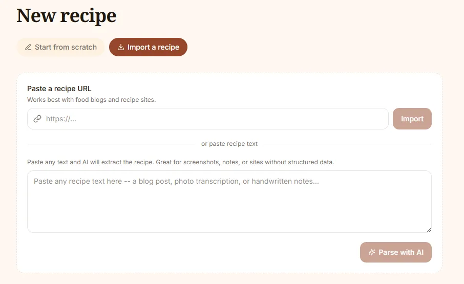 Importing a recipe from a URL with AI-extracted ingredients and steps